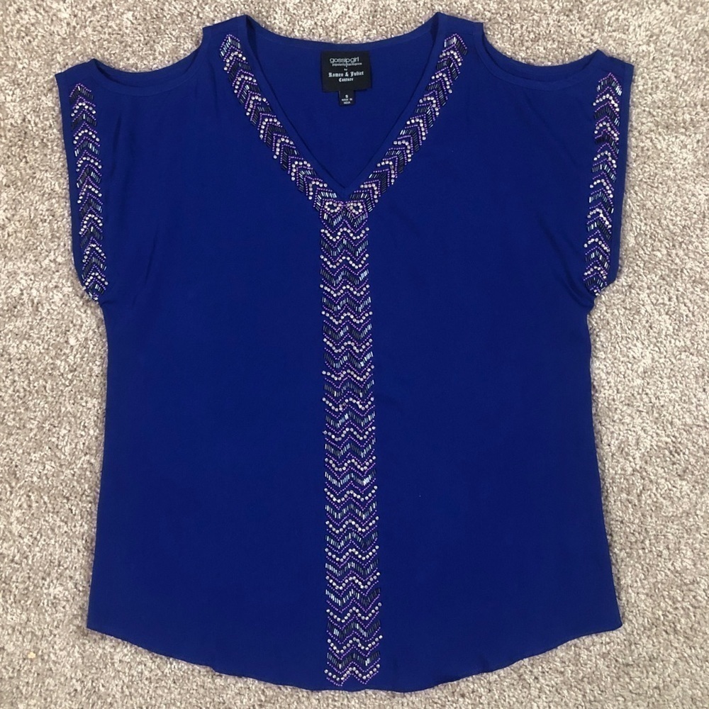 Romeo & Juliet Couture Gossip Girl Beaded Blue Cold Shoulder Top Small - Picture 5 of 8